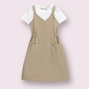 Sleeveless Short Overall Dress with Pockets in Khaki
